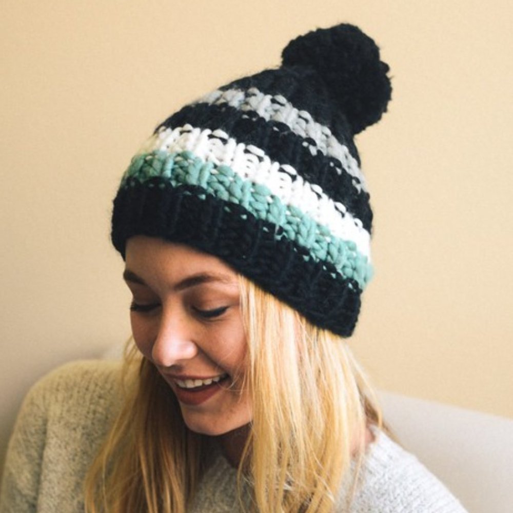 Striped Chunky Crochet Pom Beanie BLACK